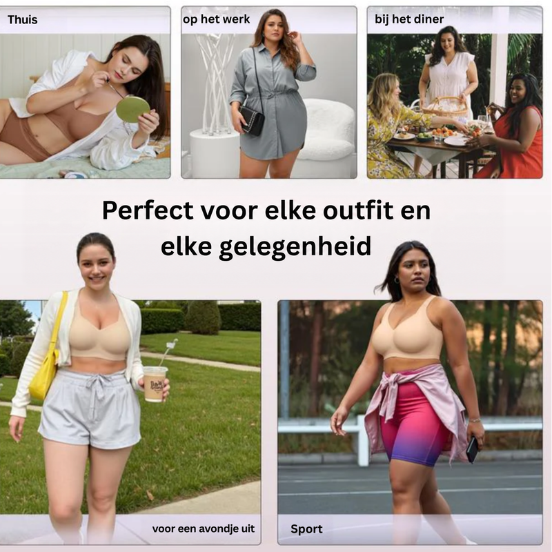Collage van modellen die de beha dragen thuis, op werk, tijdens het uitgaan en bij sport 15