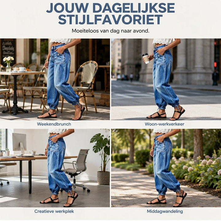 Vier beelden van dezelfde barreljeans in verschillende situaties: terras, stad, kantoor en wandelpad, gedragen met sandalen. 6