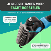 Close-up van de kam met afgeronde metalen tanden, met toelichting bij het binnenste en buitenste mes. 3