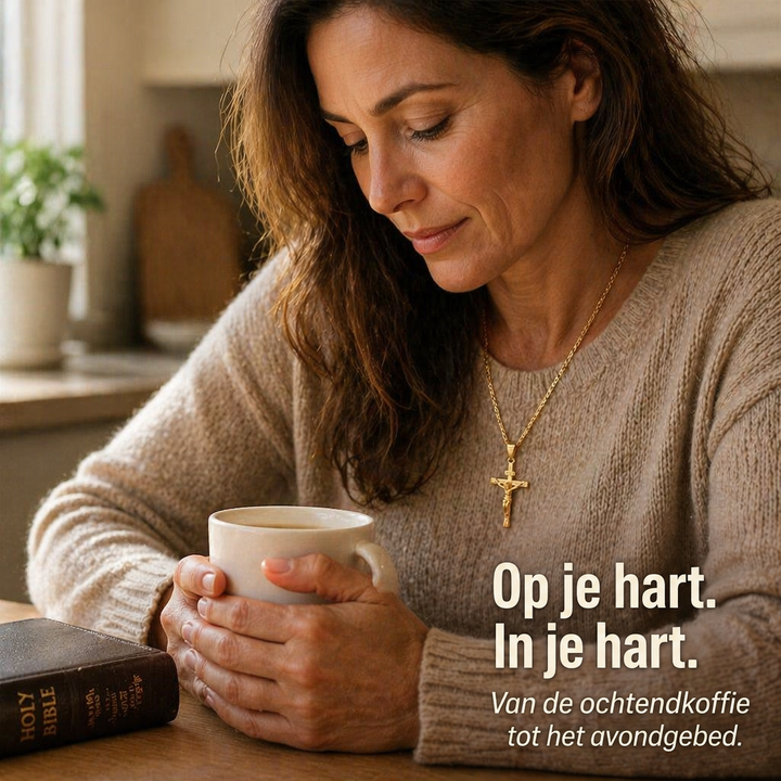 Vrouw in beige trui houdt een kop koffie vast en draagt de gouden crucifixketting, met een bijbel naast zich 4