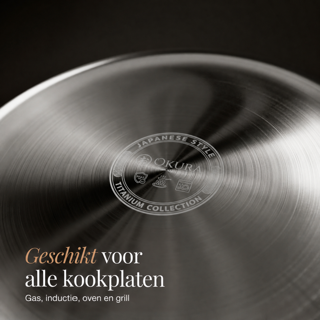 Onderkant van een koekenpan met een gegraveerd embleem in het midden en tekst over geschiktheid voor alle kookplaten 6