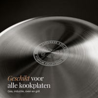 Onderkant van een koekenpan met een gegraveerd embleem in het midden en tekst over geschiktheid voor alle kookplaten 6