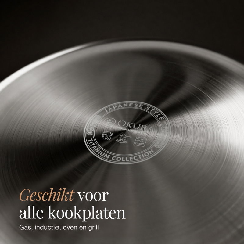Onderkant van een koekenpan met een gegraveerd embleem in het midden en tekst over geschiktheid voor alle kookplaten 6