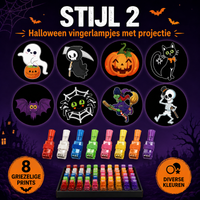 Tweede ontwerpset met acht getekende projecties zoals spook, heks, spin en skelet, plus lampjes in een doos 3