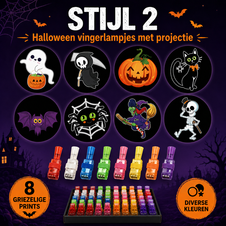 Tweede ontwerpset met acht getekende projecties zoals spook, heks, spin en skelet, plus lampjes in een doos 3
