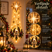 Verlichte ster met kerststal in een trappenhuis, met drie ronde detailbeelden van ster, lichtslierten en kerststal 4