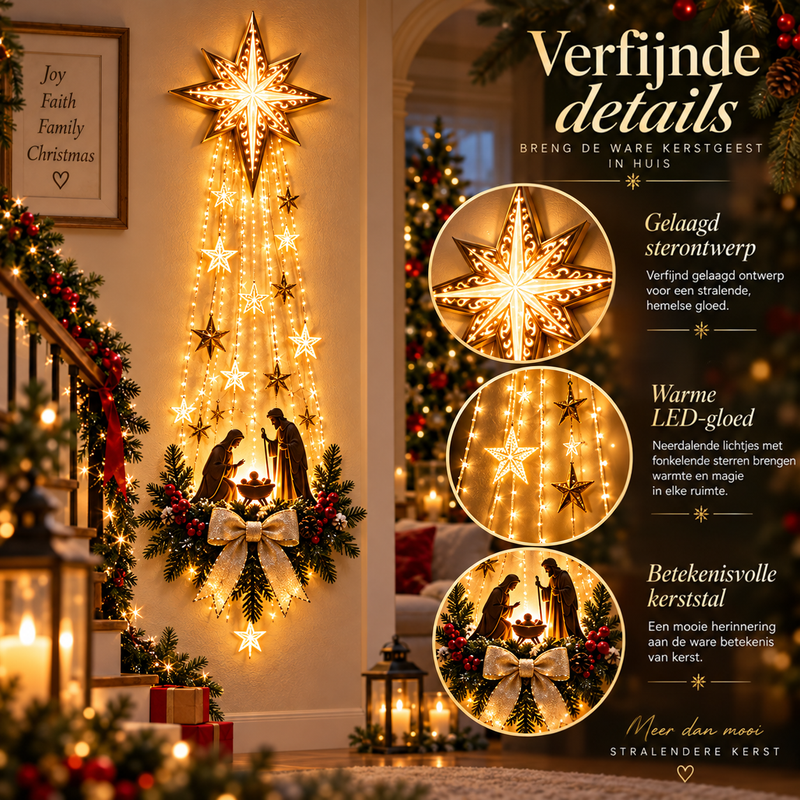 Verlichte ster met kerststal in een trappenhuis, met drie ronde detailbeelden van ster, lichtslierten en kerststal 4