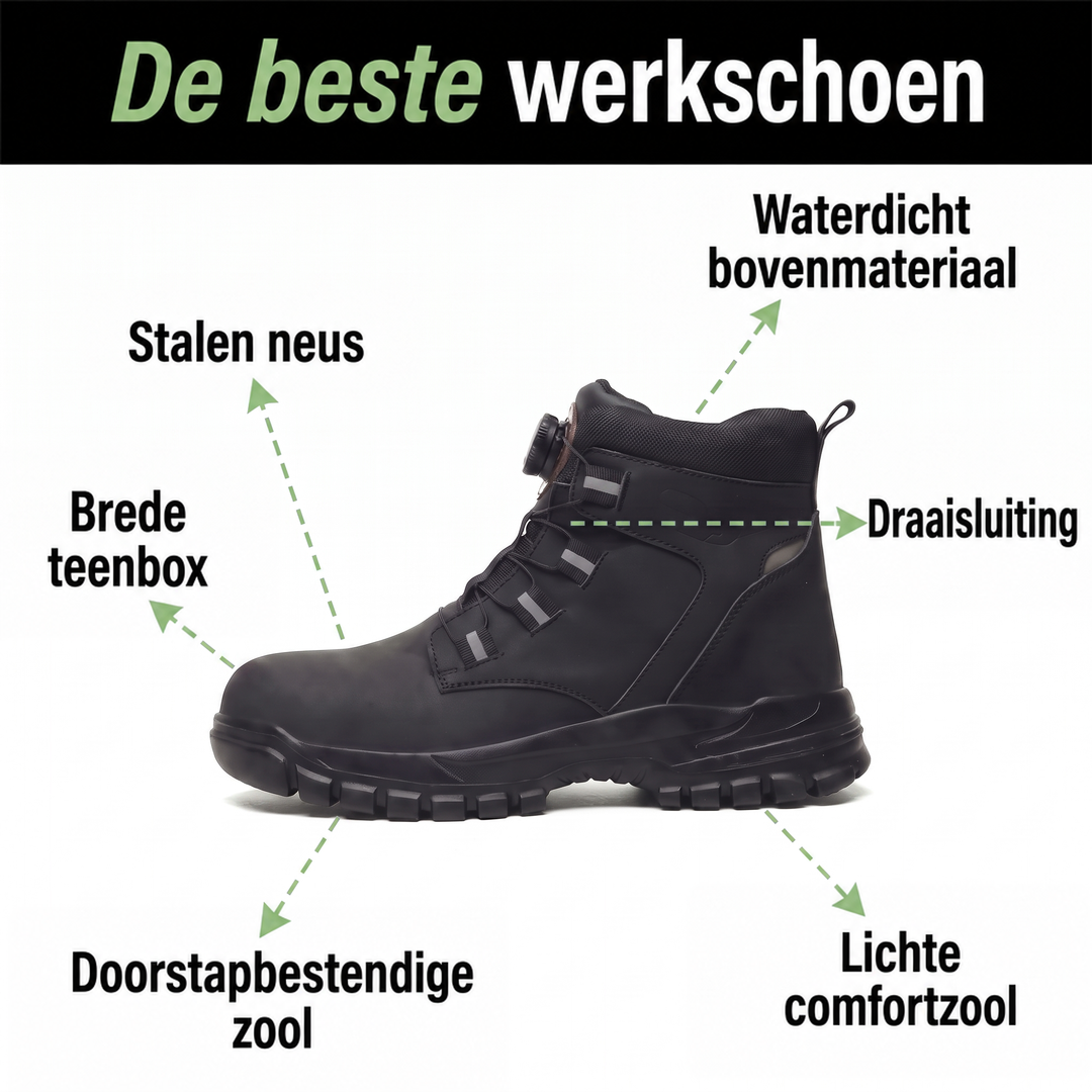 Zwarte werkschoen van opzij met pijlen die de stalen neus, brede neus, draaisluiting en zool aanwijzen 2