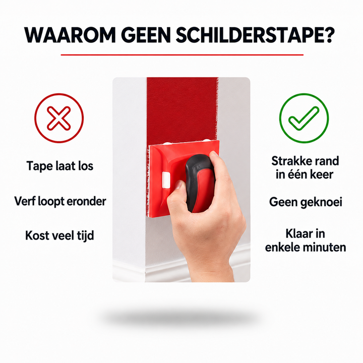 Hand schuift het gereedschap langs een witte plint, naast een rood geverfde muurstrook 4