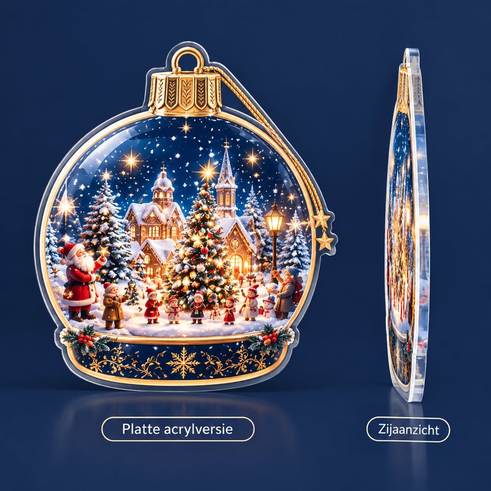 Platte acryl variant van de kersthanger met kerkdorpje en kerstman, links van voren en rechts van opzij gezien 4