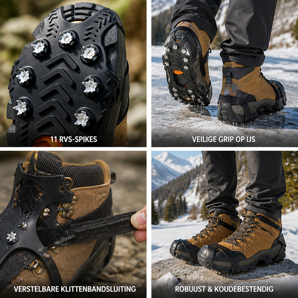 Collage met close-up van de spikes, het klittenband en de ijzers onder wandelschoenen in sneeuw 2