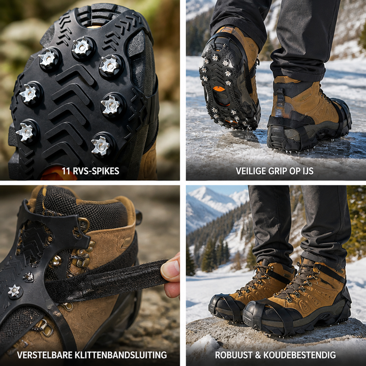 Collage met close-up van de spikes, het klittenband en de ijzers onder wandelschoenen in sneeuw 2
