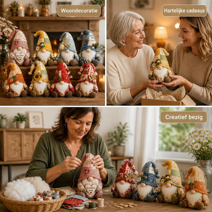Collage: kabouters als woondecoratie bij de open haard, als cadeau uitgepakt en door een vrouw genaaid 5