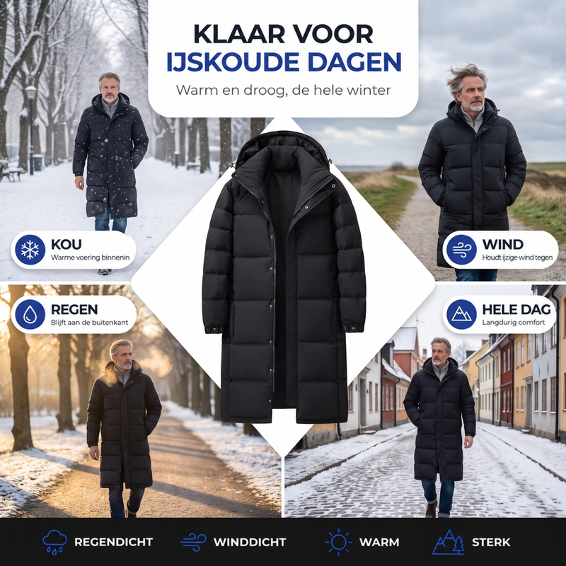 Collage van een man in de zwarte lange jas in sneeuw, wind en stad 4