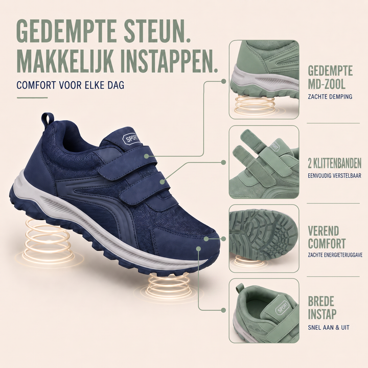Blauwe schoen met close-ups van gedempte zool, dubbele klittenband, profiel en ruime instap, op beige achtergrond 2