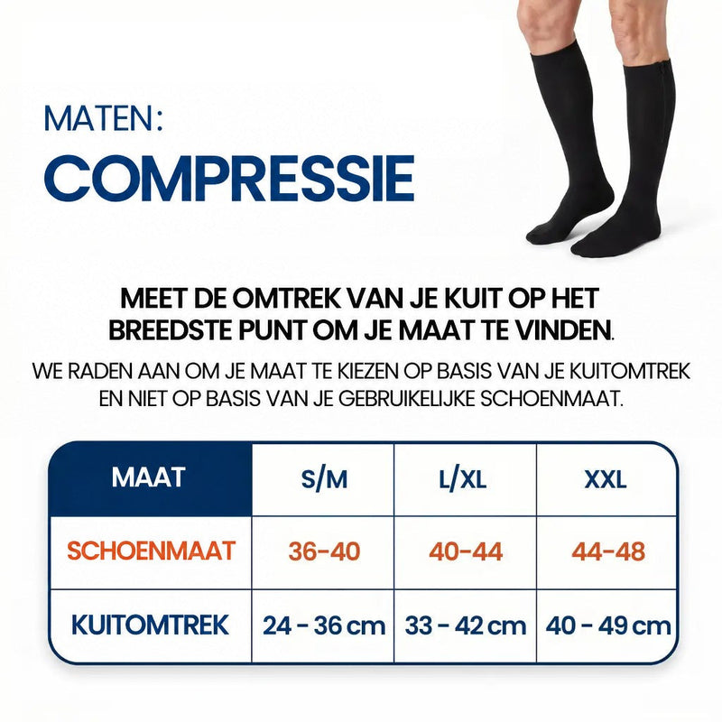 Maattabel voor de kousen op basis van kuitomtrek en schoenmaat, met zwarte kousen aan twee benen 11