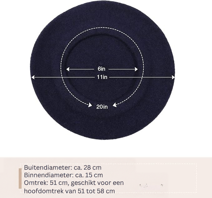 Donkerblauwe baret van bovenaf met maatpijlen voor diameter en omtrek en maattabel eronder 13