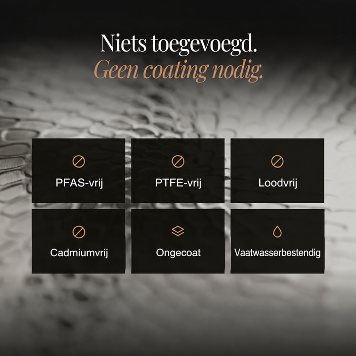 Overzicht van kenmerken van de pannen, zoals ongecoat en vaatwasserbestendig, over een close-up van het gehamerde oppervlak 3