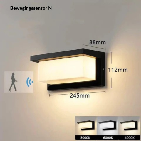 Productfoto van de wandlamp met afmetingen, bewegingssensor-pictogram en drie lichtkleuren in kelvin 7