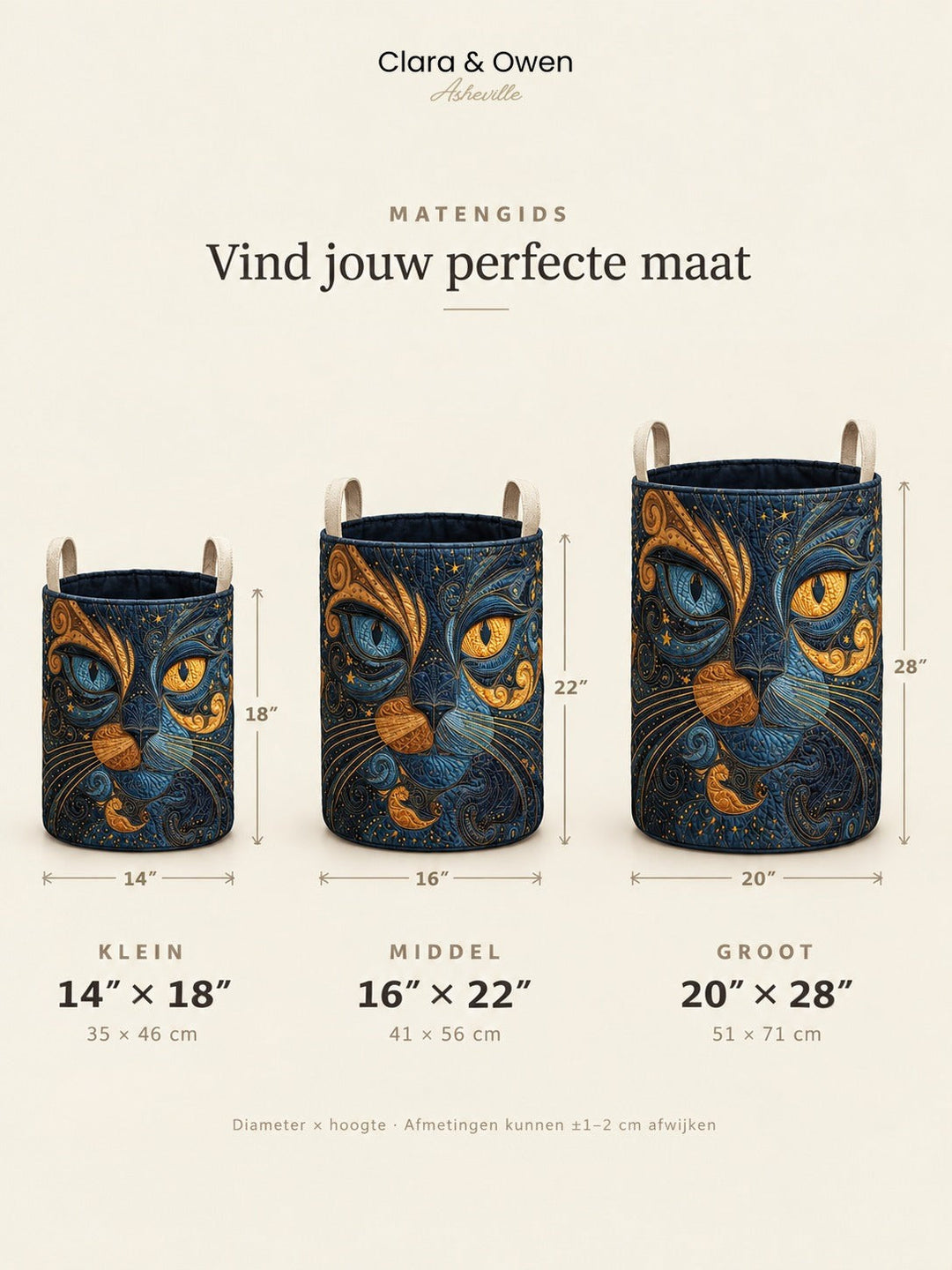 Maatoverzicht met drie kattenmanden naast elkaar in klein, middel en groot, met hoogte en doorsnede aangegeven. 5
