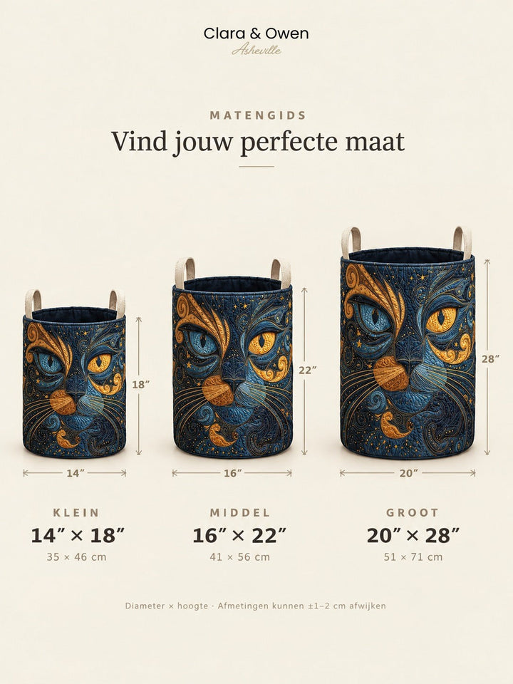 Maatoverzicht met drie kattenmanden naast elkaar in klein, middel en groot, met hoogte en doorsnede aangegeven. 5