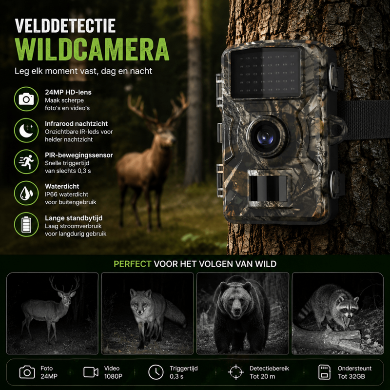 Wildcamera aan een boomstam vastgemaakt met band, naast een hert en vier nachtopnamen van dieren met een lijst kenmerken. 6