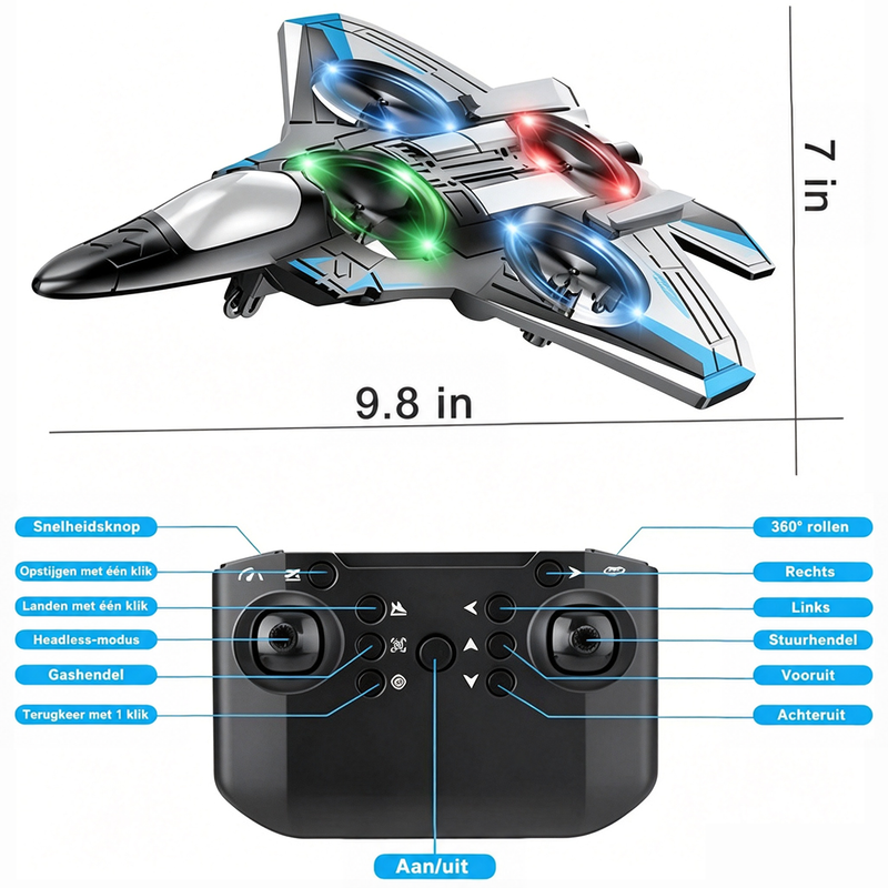 Blauw-grijs vliegtuig met afmetingen erbij en daaronder de afstandsbediening met uitleg bij alle knoppen en joysticks. 7