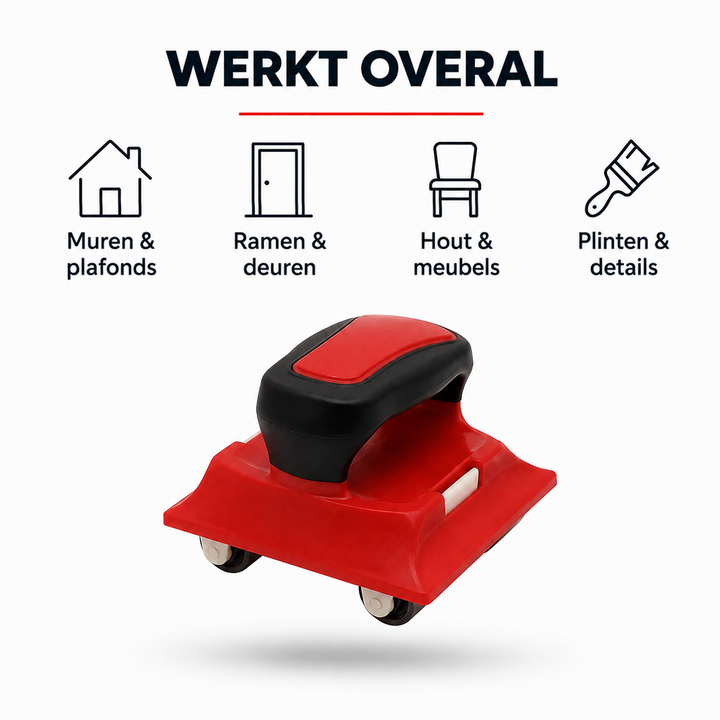 Rood-zwart verfgereedschap schuin van opzij, met kleine wieltjes onder aan de zijkant 8