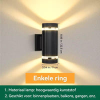 Cilindrische wandlamp met enkele ring, met aangegeven hoogte en breedte in centimeters en inches 13