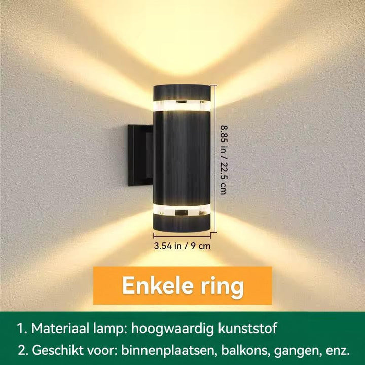 Cilindrische wandlamp met enkele ring, met aangegeven hoogte en breedte in centimeters en inches 13