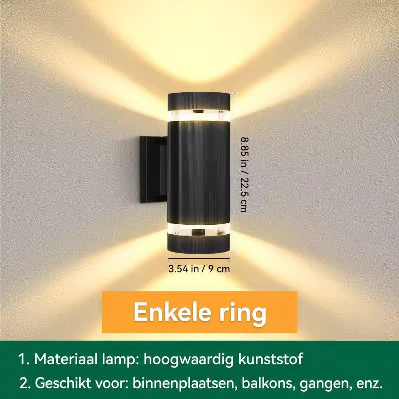 Cilindrische wandlamp met enkele ring, met aangegeven hoogte en breedte in centimeters en inches 13