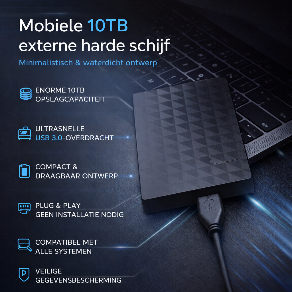 Productafbeelding met de schijf op een laptop en een lijst met kenmerken zoals capaciteit en USB 3.0-snelheid 5