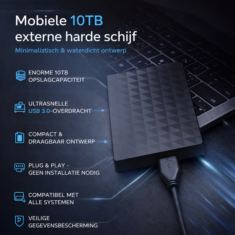 Productafbeelding met de schijf op een laptop en een lijst met kenmerken zoals capaciteit en USB 3.0-snelheid 5