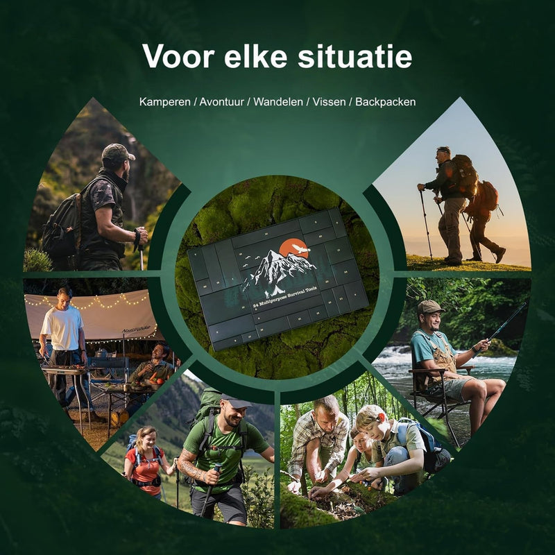 Gesloten adventskalender op mos, omringd door foto's van wandelaars, kampeerders en een visser in de natuur 6