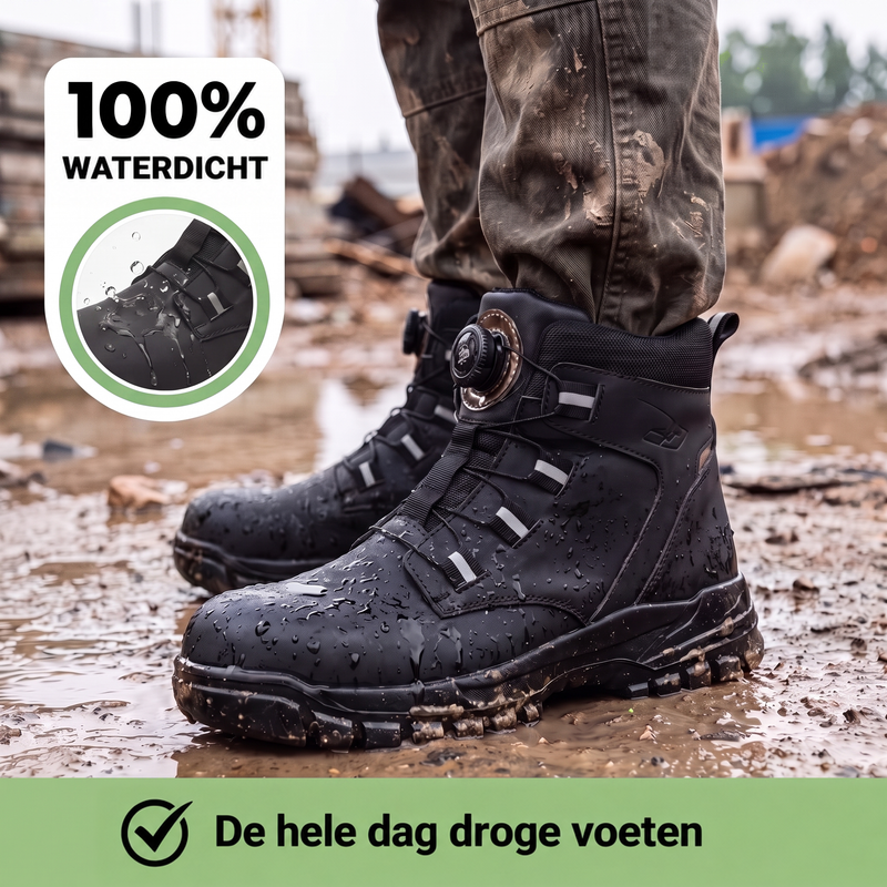 Zwarte werkschoenen met waterdruppels in de modder op een bouwplaats, gedragen onder een vuile werkbroek 5