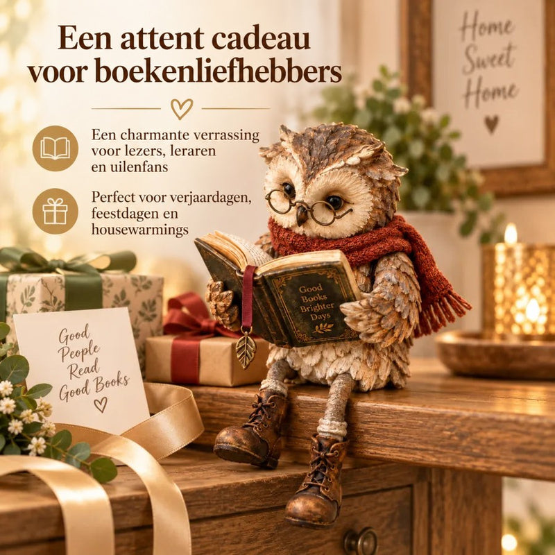 Uilenbeeldje met bril en boek tussen ingepakte cadeaus, lint en een kaartje, als cadeau-idee voor boekenliefhebbers. 7