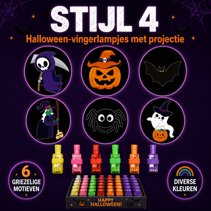 Vierde ontwerpset met zes projecties van onder meer maaier, pompoen met heksenhoed en spin, plus lampjes en doos 5