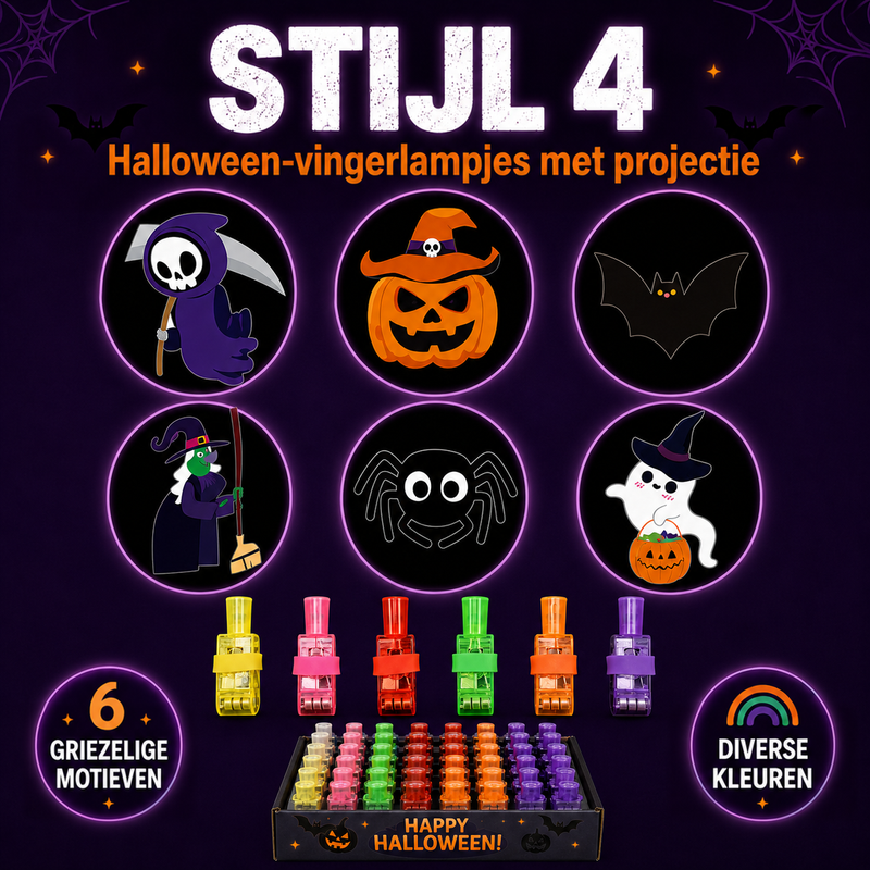 Vierde ontwerpset met zes projecties van onder meer maaier, pompoen met heksenhoed en spin, plus lampjes en doos 5