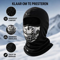 Zwarte bivakmuts schuin van voren met detailcirkels van de stof, de ventilatieopeningen in het mondpaneel en de zachte rekbare naad. 4