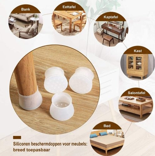 Siliconen dopjes bij een houten poot, omringd door kleine voorbeelden van meubels zoals bank, eettafel, kast en bed. 7