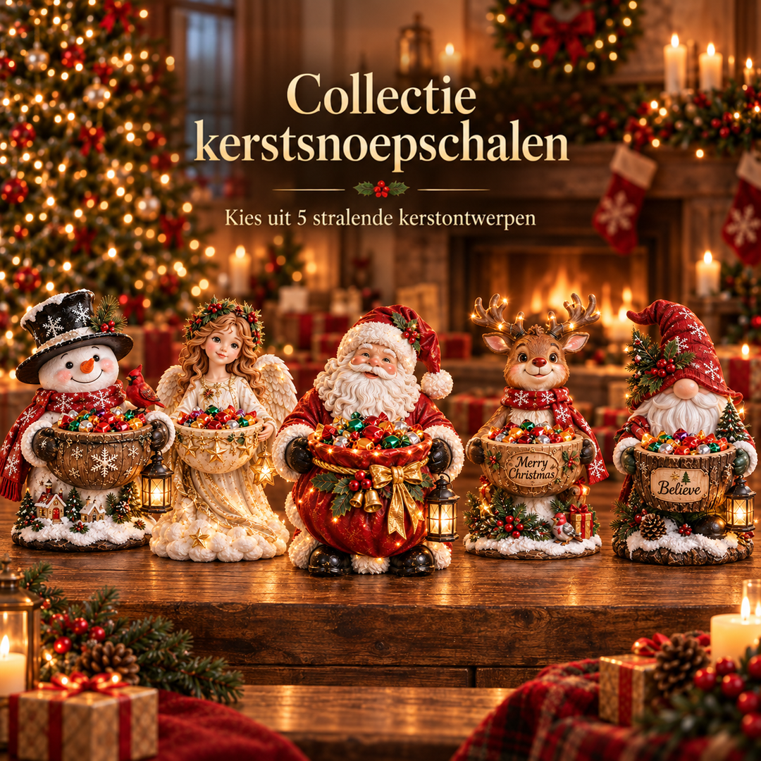 Vijf kerstfiguurtjes naast elkaar op een houten tafel: sneeuwpop, engel, kerstman, rendier en kabouter, elk met snoepschaal 6