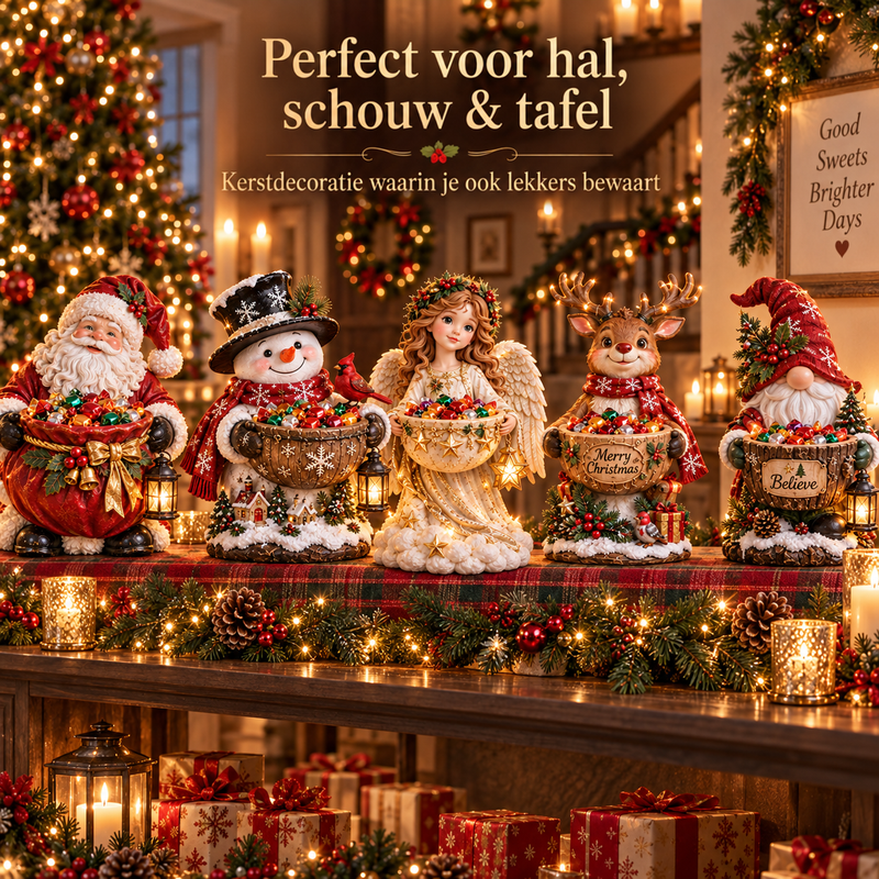 Vijf figuurtjes met snoepschalen op een schoorsteenmantel, versierd met dennenslingers, lichtjes, kaarsen en cadeaus 7