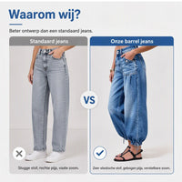Vergelijking tussen een gewone rechte grijsblauwe jeans en deze blauwe barreljeans met gebogen pijpen en verstelbare strikzoom. 5