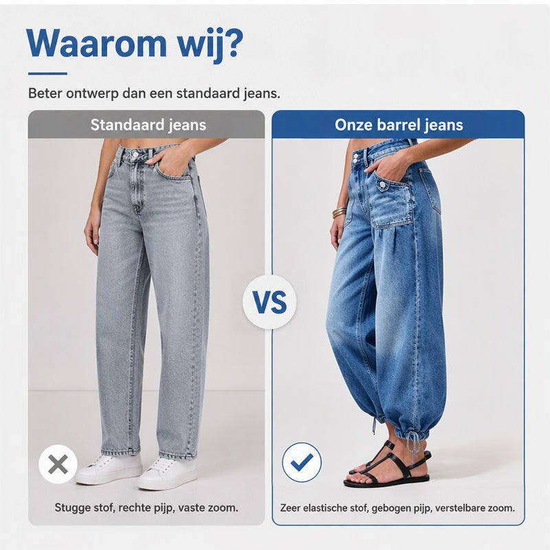 Vergelijking tussen een gewone rechte grijsblauwe jeans en deze blauwe barreljeans met gebogen pijpen en verstelbare strikzoom. 5