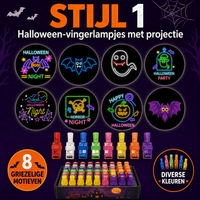 Eerste ontwerpset met acht neonachtige Halloween-projecties, gekleurde vingerlampjes en een open doos vol lampjes 2