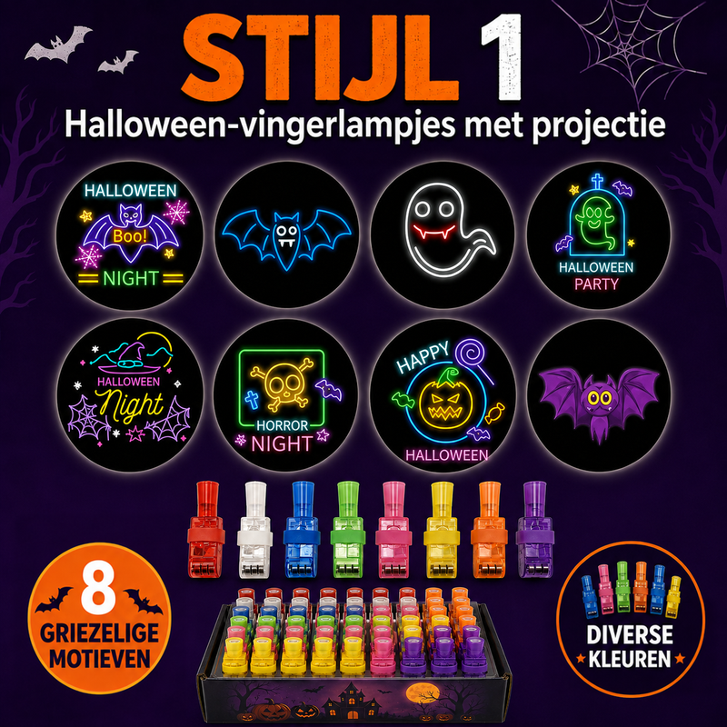 Eerste ontwerpset met acht neonachtige Halloween-projecties, gekleurde vingerlampjes en een open doos vol lampjes 2