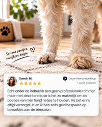 Pluizige voorpoten van een hond op een tapijt, met een klantbeoordeling van vijf sterren eronder 9