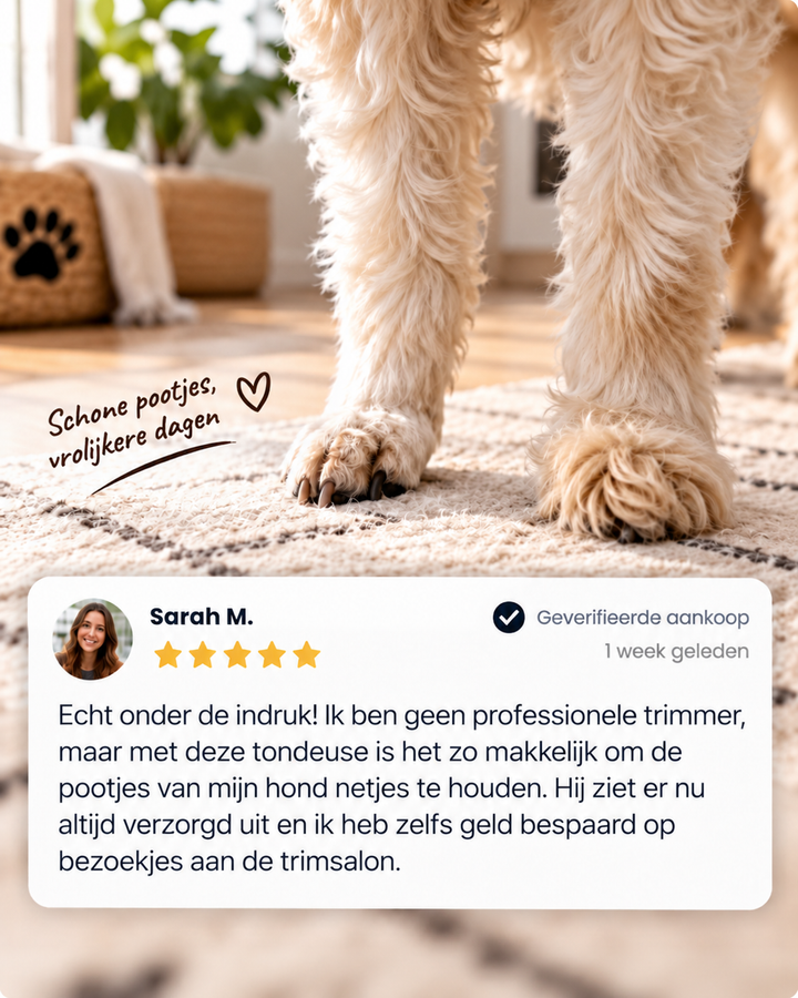 Pluizige voorpoten van een hond op een tapijt, met een klantbeoordeling van vijf sterren eronder 9