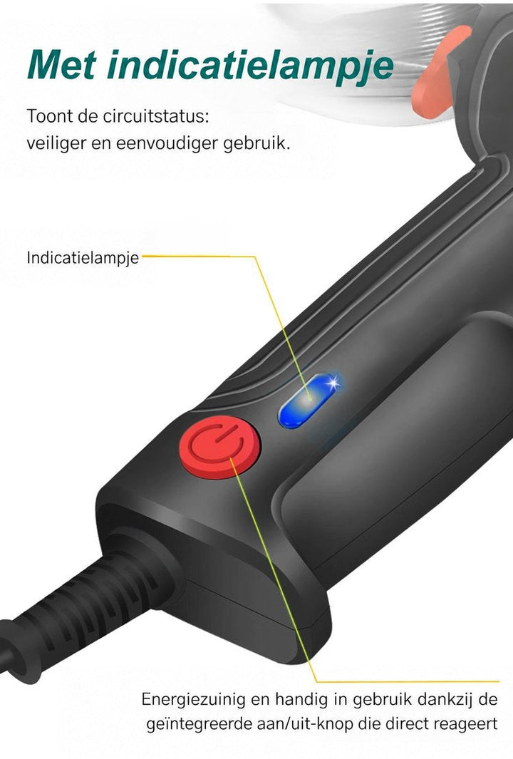 Close-up van de handgreep met blauw indicatorlampje en rode aan/uit-knop, met netsnoer onderaan 5