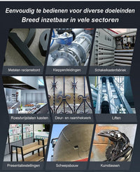 Collage van negen toepassingen, onder meer leidingen, schakelkast, hekwerk, lift, scheepsbouw en kunstobject van metaal 4